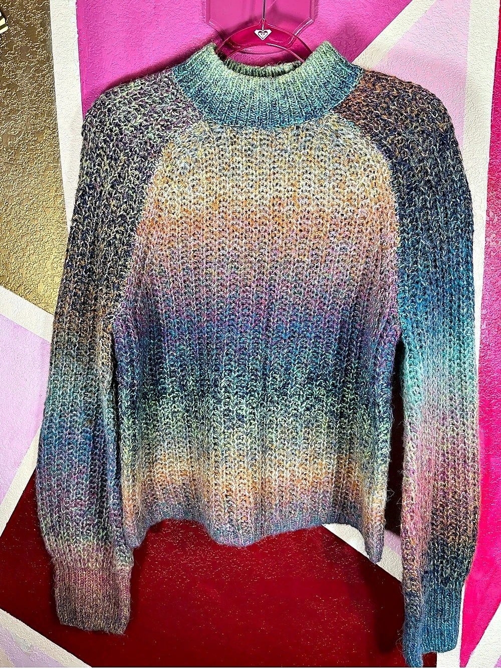 Almost Famous Space Dye Ombre Chunky Knit Mock Neck Sweater Raglan M
